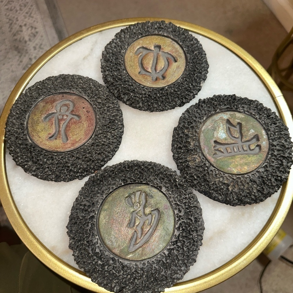 Set of 4 Ben Diller Raku Pottery Coasters. Hawaii Lava Texture with Petroglyph